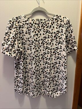 LOFT Leopard-Spot Short Sleeve Blouse in White, Black and Blush